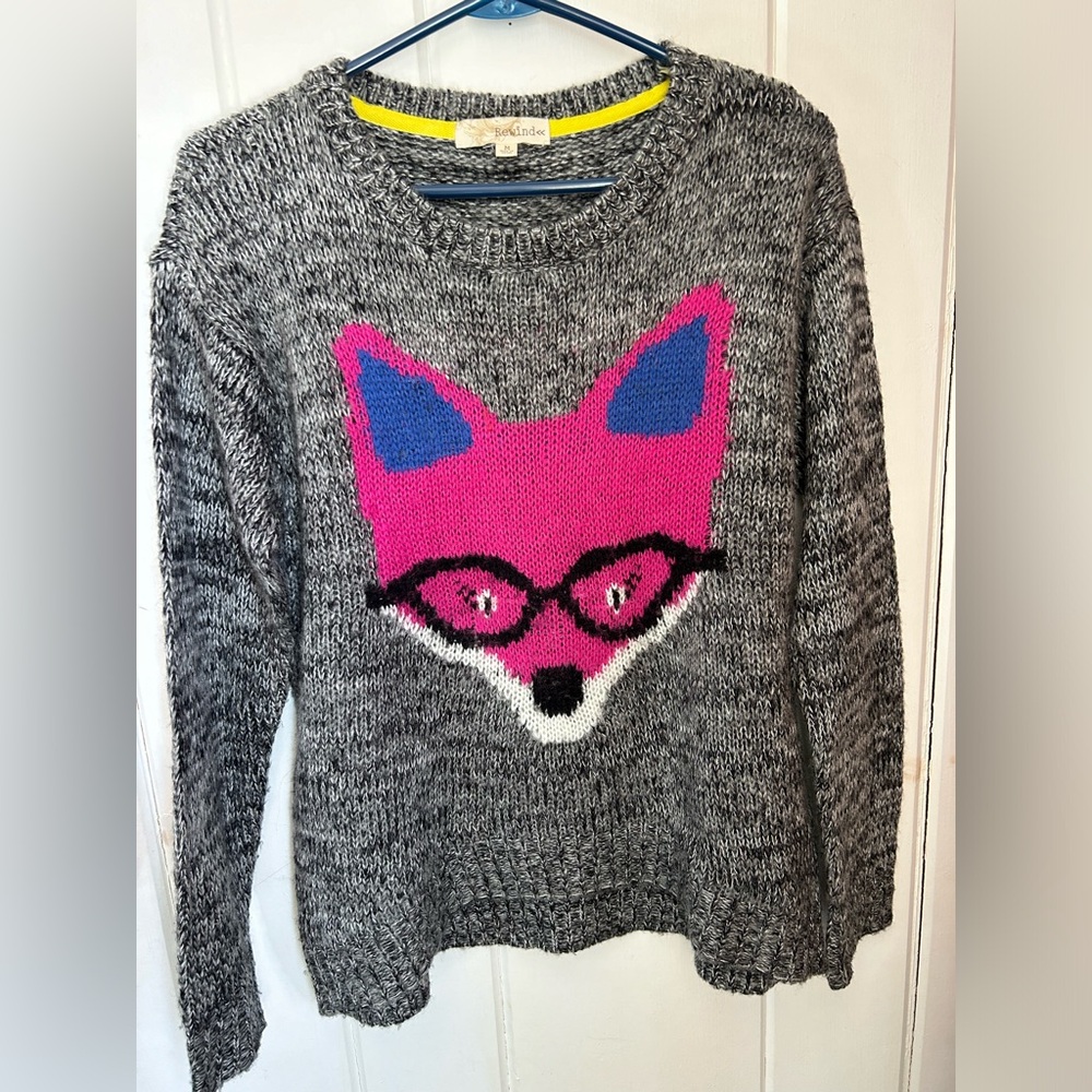 Rewind Gray Sweater with Pink and Blue Fox Design, Girls-Juniors size